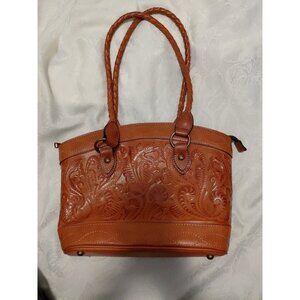 Patricia Nash Adeline Brown Cognac Leather Cutout Tooled Tote Bag